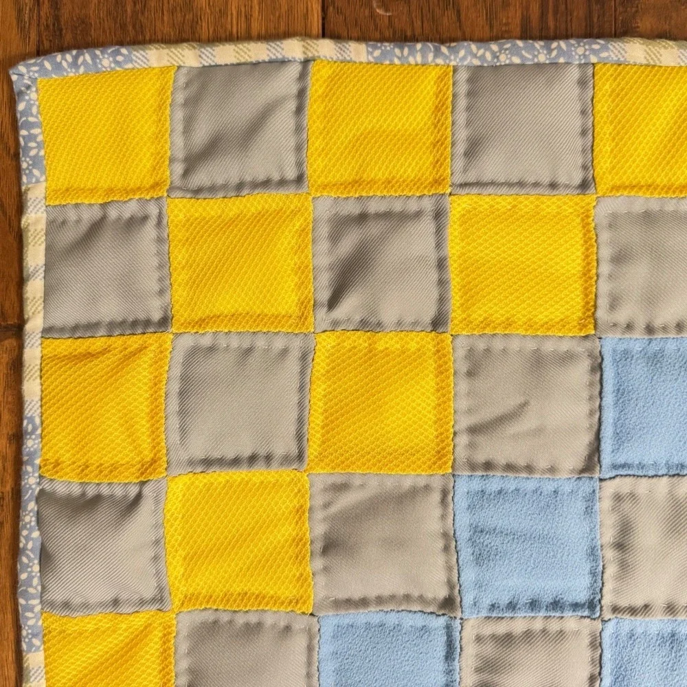 EUC Granny Handmade‎ Patchwork Baby Quilt Blue Grey Yellow Nursery Blanket 36x45